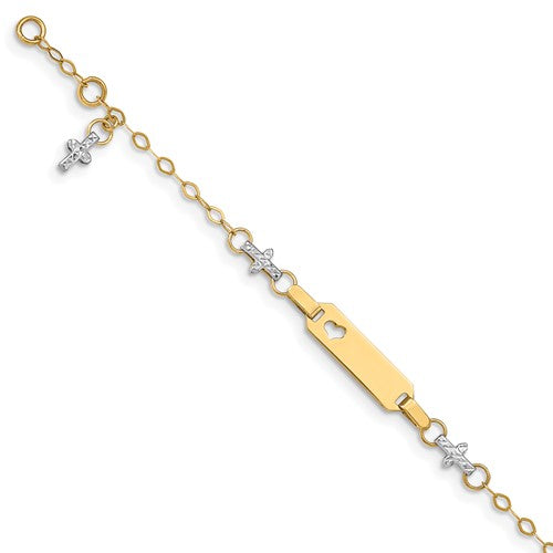 14k Two-tone Baby Polished and Textured Cross with 1in ext. ID Bracelet