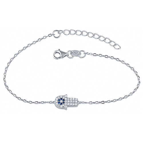 Silver Hamsa-Evil Eye Bracelet With CZ