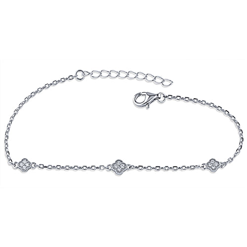 Silver clover bracelet with white CZ stone