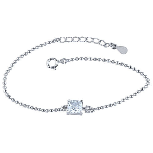 Silver Beaded Bracelet with Square White CZ Stone