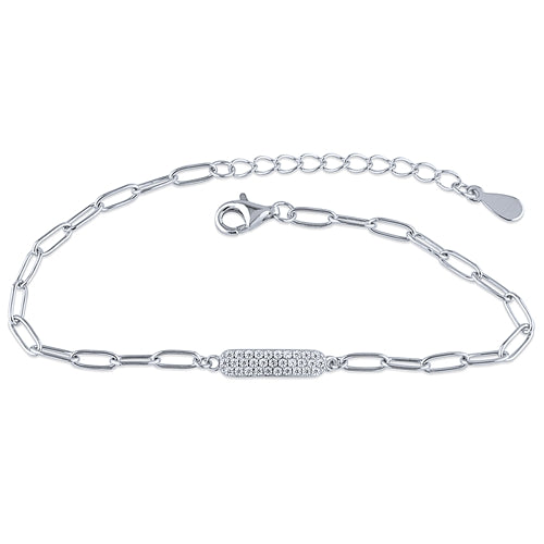 Silver Paper Clip Bracelet with White CZ Stones