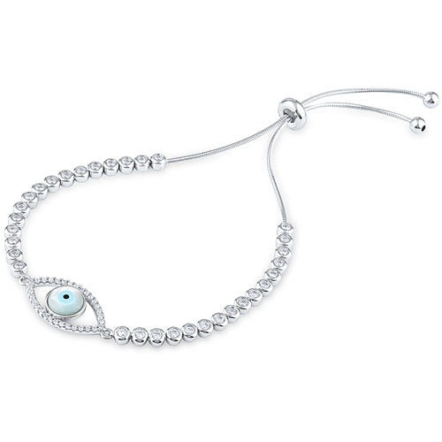 Silver Bracelet Fit Wrist Evil Eye with CZ